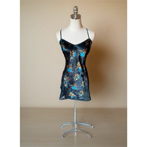 Vintage Victorias Secret Gold Label Slip Mini Dress M Dark Blue Y2K Floral Satin - Picture 1 of 16